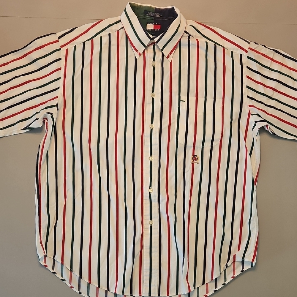 Tommy Hilfiger Red, Green, Navy and White Striped Shirt Button Up